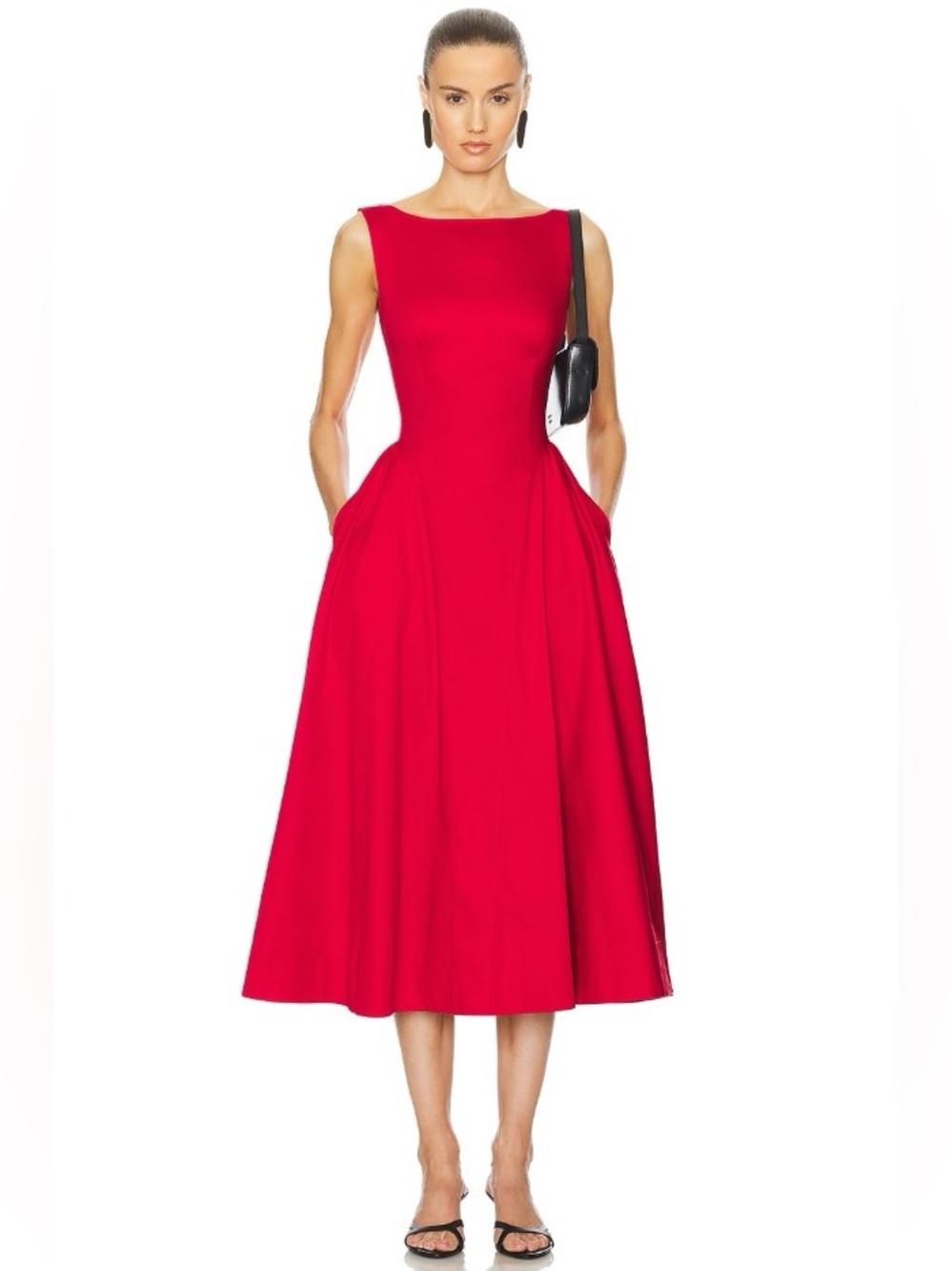 Helsa Boat Neck Red Stretch Cotton Open Back Midi Dress NWOT